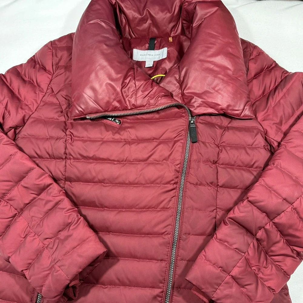Marc‎ New York Andrew Marc Burgundy Down Puffer Jacket Asym Zip Funnel Neck L - Picture 5 of 10